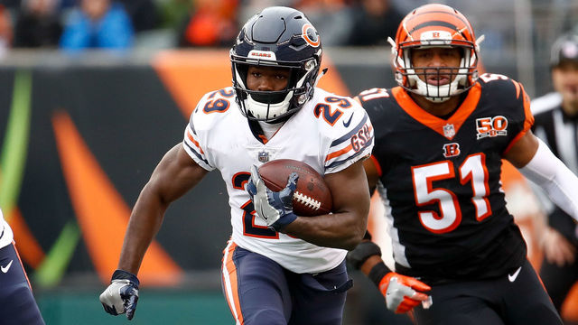 CINCINNATI, OH - DECEMBER 10: Tarik Cohen #29 of the Chicago Bears runs with the ball against the Cincinnati Bengals during the first half at Paul Brown Stadium on December 10, 2017 in Cincinnati, Ohio.