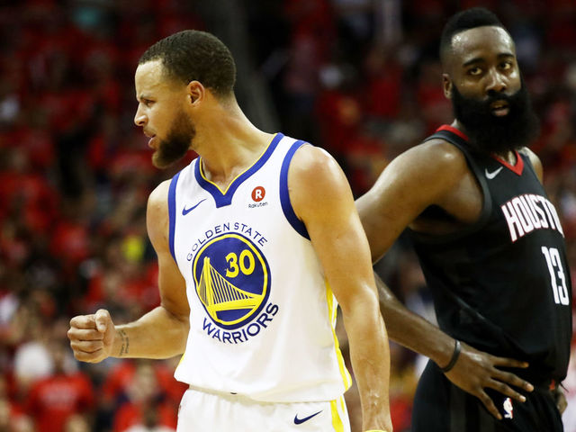 HOUSTON, TX - MAY 28: Stephen Curry #30 of the Golden State Warriors reacts as James Harden #13 of the Houston Rockets looks on in the third quarter of Game Seven of the Western Conference Finals of the 2018 NBA Playoffs at Toyota Center on May 28, 2018 in Houston, Texas.