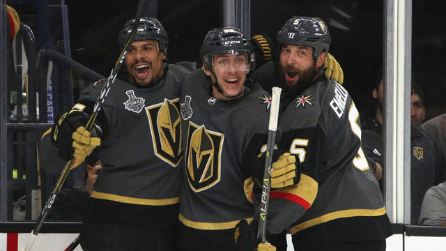 LAS VEGAS, NV - MAY 28: Tomas Nosek #92 of the Vegas Golden Knights celebrates his goal with teammates Ryan Reaves #75 and Deryk Engelland #5 during the third period of Game One of the 2018 NHL Stanley Cup Final against the Washington Capitals at T-Mobile Arena on May 28, 2018 in Las Vegas, Nevada.