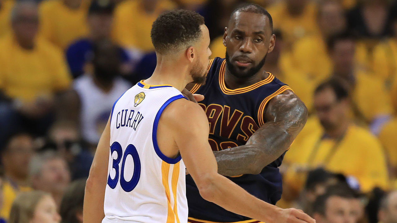 OAKLAND, CA - JUNE 01: Stephen Curry #30 of the Golden State Warriors and LeBron James #23 of the Cleveland Cavaliers battle for position during the first half of Game 1 of the 2017 NBA Finals at ORACLE Arena on June 1, 2017 in Oakland, California.