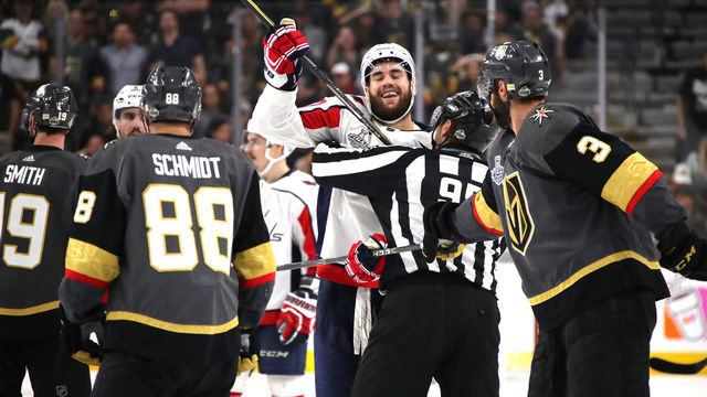 LAS VEGAS, NV - MAY 28: Tom Wilson #43 of the Washington Capitals reacts after the whistle against the Vegas Golden Knights during the third period in Game One of the 2018 NHL Stanley Cup Final at T-Mobile Arena on May 28, 2018 in Las Vegas, Nevada.
