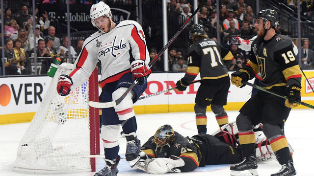 LAS VEGAS, NV - MAY 28: John Carlson #74 of the Washington Capitals celebrates his second-period goal against the Vegas Golden Knights in Game One of the 2018 NHL Stanley Cup Final at T-Mobile Arena on May 28, 2018 in Las Vegas, Nevada.