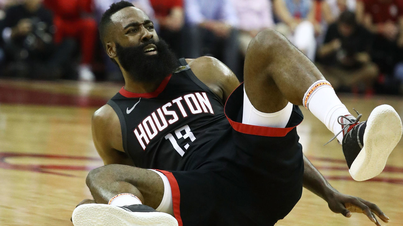 HOUSTON, TX - MAY 28: James Harden #13 of the Houston Rockets reacts in the second quarter of Game Seven of the Western Conference Finals of the 2018 NBA Playoffs at Toyota Center against the Golden State Warriors on May 28, 2018 in Houston, Texas.