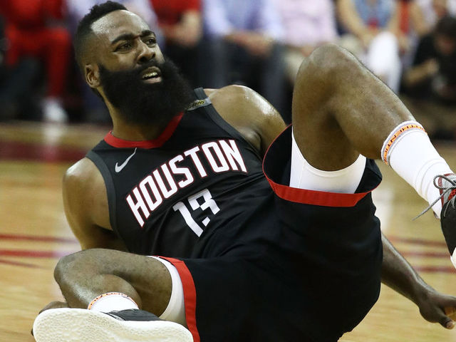 HOUSTON, TX - MAY 28: James Harden #13 of the Houston Rockets reacts in the second quarter of Game Seven of the Western Conference Finals of the 2018 NBA Playoffs at Toyota Center against the Golden State Warriors on May 28, 2018 in Houston, Texas.
