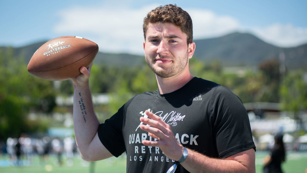 PACIFIC PALISADES, CA - MAY 26: Shea Patterson of the University of Michigan poses for portraits at Steve Clarkson's 14th Annual Quarterback Retreat on May 26, 2018 in Pacific Palisades, California.
