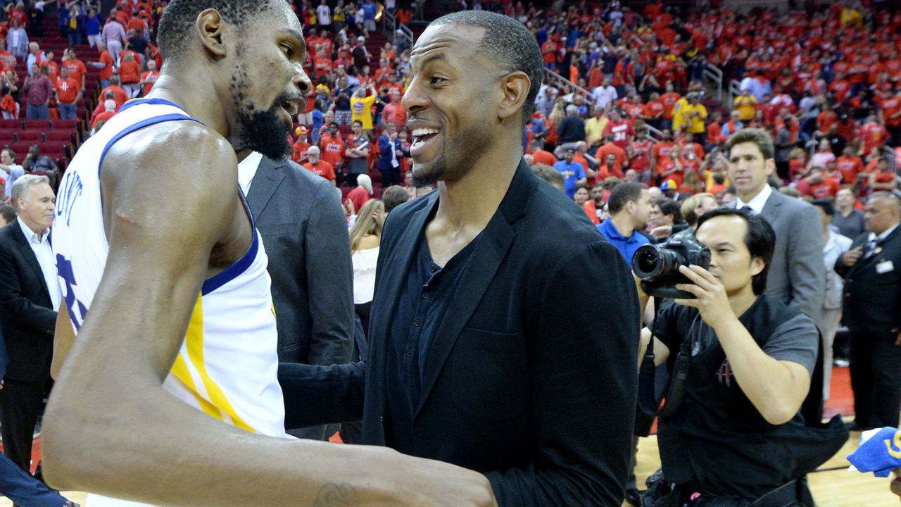 HOUSTON, TX - MAY 28: Kevin Durant #35 and Andre Iguodala #9 of the Golden State Warriors talk after Game Seven of the Western Conference Finals against the Houston Rockets during the 2018 NBA Playoffs on May 28, 2018 at the Toyota Center in Houston, Texas. NOTE TO USER: User expressly acknowledges and agrees that, by downloading and/or using this photograph, user is consenting to the terms and conditions of the Getty Images License Agreement. Mandatory Copyright Notice: Copyright 2018 NBAE