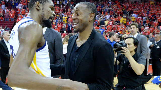 HOUSTON, TX - MAY 28: Kevin Durant #35 and Andre Iguodala #9 of the Golden State Warriors talk after Game Seven of the Western Conference Finals against the Houston Rockets during the 2018 NBA Playoffs on May 28, 2018 at the Toyota Center in Houston, Texas. NOTE TO USER: User expressly acknowledges and agrees that, by downloading and/or using this photograph, user is consenting to the terms and conditions of the Getty Images License Agreement. Mandatory Copyright Notice: Copyright 2018 NBAE