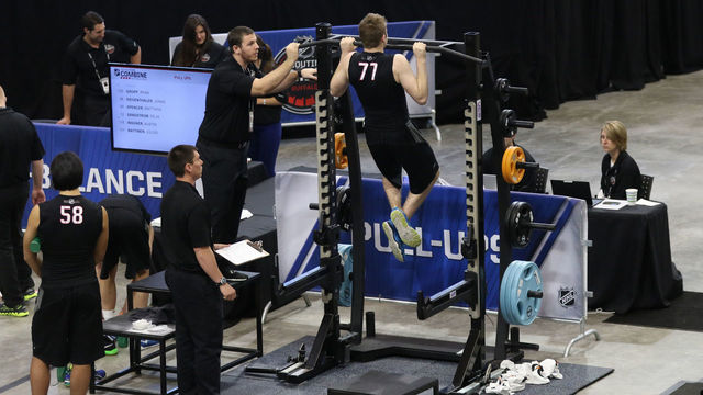 06 June 2015: NHL draft prospect left wing Jake Debrusk (77) performs some fitness test drills during the 2015 NHL Combines at the Harbor Center in Buffalo, NY.