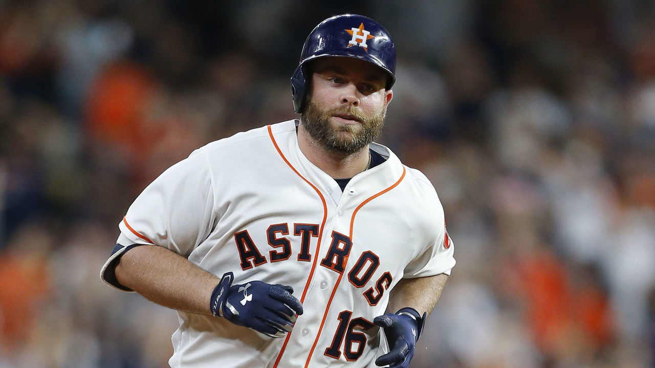 HOUSTON, TX - APRIL 24: Brian McCann #16 of the Houston Astros hits a home run in the sixth inning against the Los Angeles Angels of Anaheim at Minute Maid Park on April 24, 2018 in Houston, Texas.
