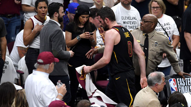 CLEVELAND, OH - MAY 25: Kevin Love of the Cleveland Cavaliers walks to the locker room after a collision in the first quarter against the Boston Celtics during Game Six of the 2018 NBA Eastern Conference Finals at Quicken Loans Arena on May 25, 2018 in Cleveland, Ohio.