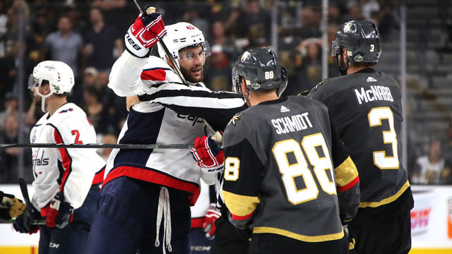 LAS VEGAS, NV - MAY 28: Tom Wilson #43 of the Washington Capitals mixes it up with Nate Schmidt #88 and Brayden McNabb #3 of the Vegas Golden Knights after the whistle during the third period in Game One of the 2018 NHL Stanley Cup Final at T-Mobile Arena on May 28, 2018 in Las Vegas, Nevada.