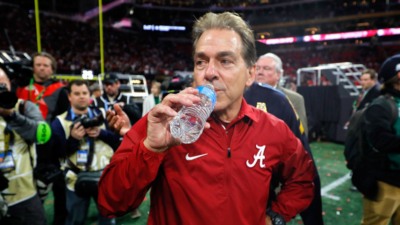 ATLANTA, GA - JANUARY 08: Head coach Nick Saban of the Alabama Crimson Tide celebrates beating the Georgia Bulldogs in overtime to win the CFP National Championship presented by AT&T at Mercedes-Benz Stadium on January 8, 2018 in Atlanta, Georgia. Alabama won 26-23.