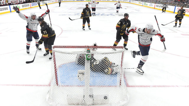 LAS VEGAS, NV - MAY 28: John Carlson #74 of the Washington Capitals celebrates his second-period goal past Marc-Andre Fleury #29 of the Vegas Golden Knights in Game One of the 2018 NHL Stanley Cup Final at T-Mobile Arena on May 28, 2018 in Las Vegas, Nevada.The Golden Knights defeated the Capitals 6-4.