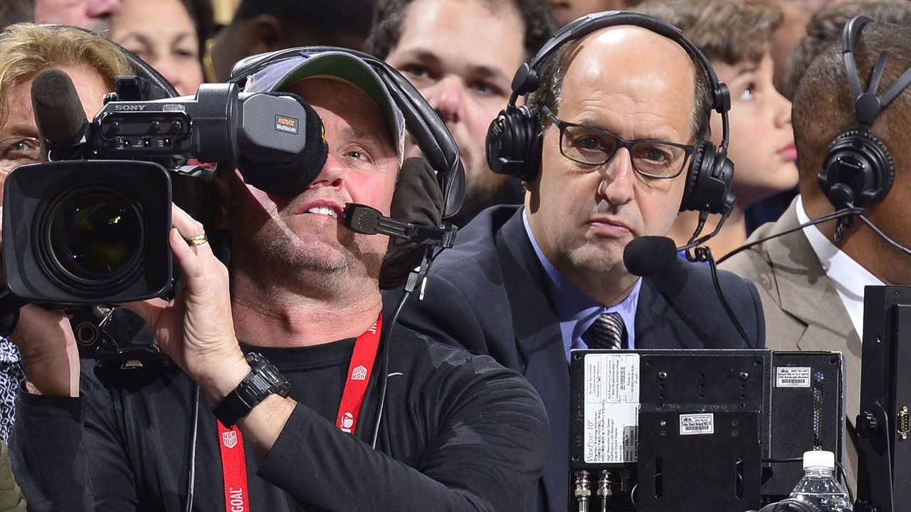 PHILADELPHIA, PA - DECEMBER 16: NBA ESPN Analyst, Jeff Van Gundy and Mark Jones announce the Los Angeles Lakers game against the Philadelphia 76ers at the Wells Fargo Center on December 16, 2016 in Philadelphia, Pennsylvania. Mandatory Copyright Notice: Copyright 2016 NBAE