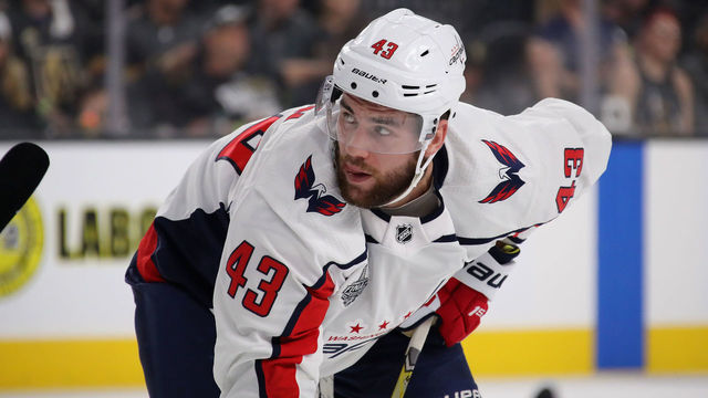 LAS VEGAS, NV - MAY 28: Tom Wilson #43 of the Washington Capitals looks on against the Vegas Golden Knights in Game One of the 2018 NHL Stanley Cup Final at T-Mobile Arena on May 28, 2018 in Las Vegas, Nevada.
