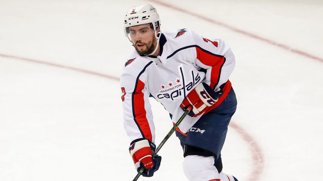 TAMPA, FL - MAY 23: Matt Niskanen #2 of the Washington Capitals moves the puck against the Tampa Bay Lightning in Game Seven of the Eastern Conference Finals during the 2018 NHL Stanley Cup Playoffs at Amalie Arena on May 23, 2018 in Tampa, Florida..