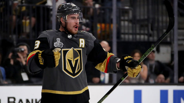 LAS VEGAS, NV - MAY 28: Reilly Smith #19 of the Vegas Golden Knights celebrates his second-period goal against the Washington Capitals in Game One of the 2018 NHL Stanley Cup Final at T-Mobile Arena on May 28, 2018 in Las Vegas, Nevada.