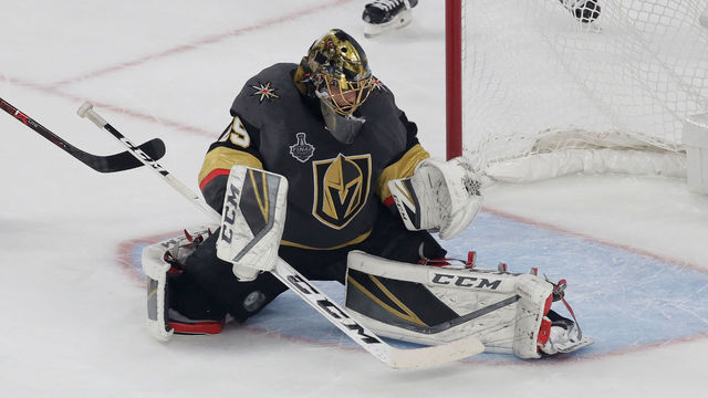 LAS VEGAS, NV - MAY 28: Marc-Andre Fleury #29 of the Vegas Golden Knights tends goal against the Washington Capitals in Game One of the 2018 NHL Stanley Cup Final at T-Mobile Arena on May 28, 2018 in Las Vegas, Nevada.