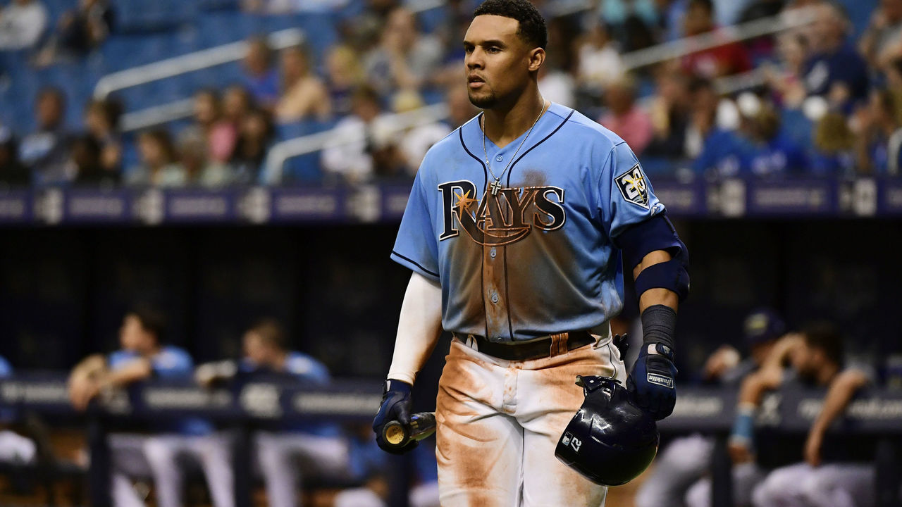 ST PETERSBURG, FL - MAY 6: Carlos Gomez #27 of the Tampa Bay Rays walks up to the mound in the eighth inning prior to hitting a home run against the Toronto Blue Jays on May 6, 2018 at Tropicana Field in St Petersburg, Florida. The Toronto Blue Jays won 2-1.