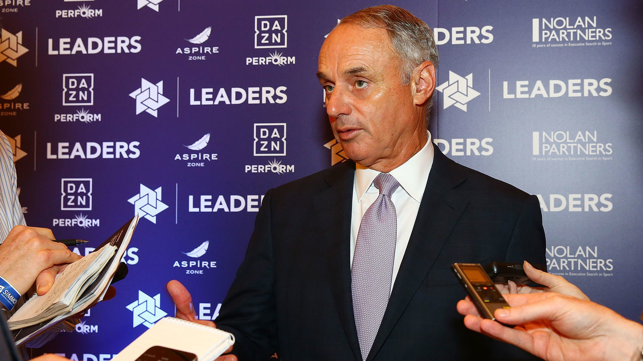 NEW YORK, NY - MAY 22: MLB Commissioner Rob Manfred is interviewed during the Leaders Sport Business Summit 2018 at the TimeCenter on May 22, 2018 in New York City.