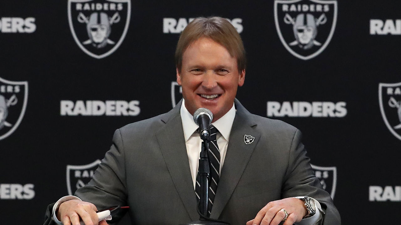 ALAMEDA, CA - JANUARY 09: Oakland Raiders new head coach Jon Gruden speaks during a news conference at Oakland Raiders headquarters on January 9, 2018 in Alameda, California. Jon Gruden has returned to the Oakland Raiders after leaving the team in 2001.