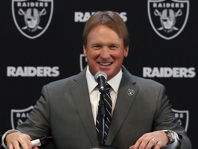 ALAMEDA, CA - JANUARY 09: Oakland Raiders new head coach Jon Gruden speaks during a news conference at Oakland Raiders headquarters on January 9, 2018 in Alameda, California. Jon Gruden has returned to the Oakland Raiders after leaving the team in 2001.