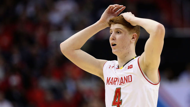 WASHINGTON, DC - MARCH 10: Kevin Huerter #4 of the Maryland Terrapins reacts to a call against the Terrapins during the second half against the Northwestern Wildcats during the Big Ten Basketball Tournament at Verizon Center on March 10, 2017 in Washington, DC.