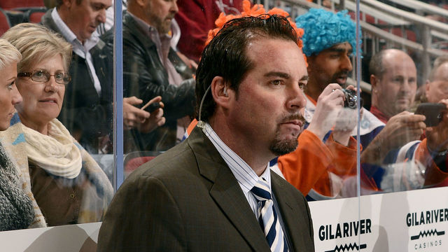 GLENDALE, AZ - DECEMBER 16: Head coach Todd Nelson of the Edmonton Oilers looks on from the bench during first period action against the Arizona Coyotes at Gila River Arena on December 16, 2014 in Glendale, Arizona.