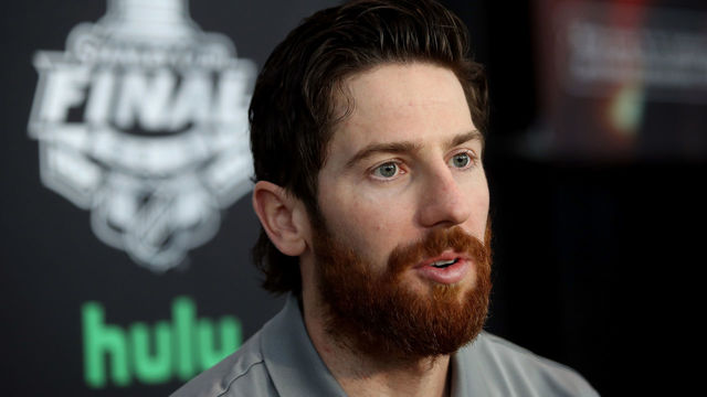 LAS VEGAS, NV - MAY 27: James Neal #18 of the Vegas Golden Knights answers questions during Media Day for the 2018 NHL Stanley Cup Final at T-Mobile Arena on May 27, 2018 in Las Vegas, Nevada.