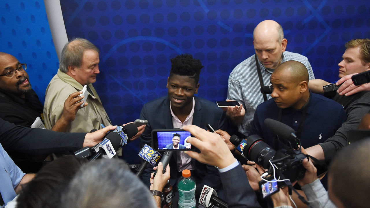 CHICAGO, IL - MAY 17: Mohamed Bamba speaks with reporters during Day One of the NBA Draft Combine at Quest MultiSport Complex on May 17, 2018 in Chicago, Illinois.