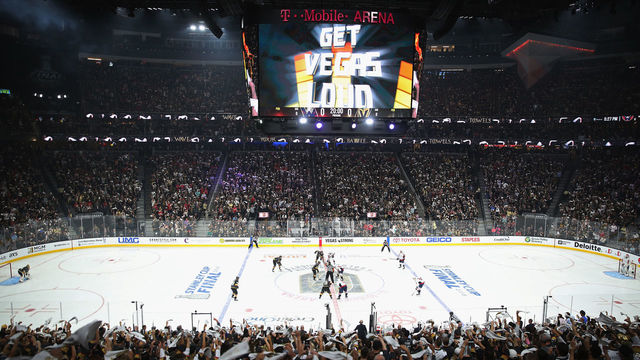 LAS VEGAS, NV - MAY 28: The Washington Capitals and the Vegas Golden Knights prepare for the opening face-off in Game One of the 2018 NHL Stanley Cup Final at T-Mobile Arena on May 28, 2018 in Las Vegas, Nevada.