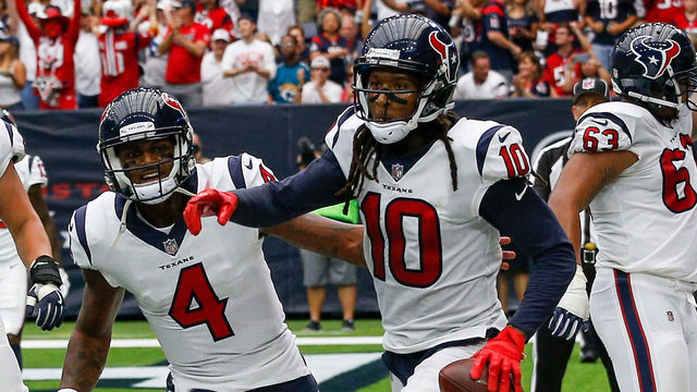 HOUSTON, TX - SEPTEMBER 10: DeAndre Hopkins #10 of the Houston Texans and Deshaun Watson #4 celebrate after a score in the third quarter at NRG Stadium on September 10, 2017 in Houston, Texas.