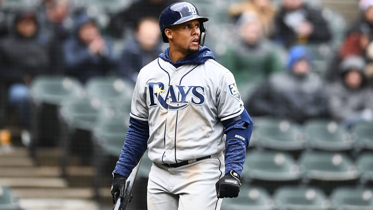 CHICAGO, IL - APRIL 09: Carlos Gomez #27 of the Tampa Bay Rays reacts to a strike out during the sixth inning of a game against the Chicago White Sox at Guaranteed Rate Field on April 9, 2018 in Chicago, Illinois.