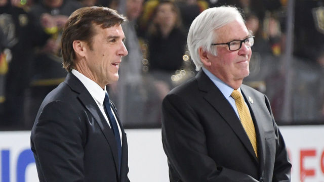 LAS VEGAS, NV - MARCH 31: Vegas Golden Knights general manager George McPhee (L) and Chairman, CEO and Governor Bill Foley wait to hand out awards to players after the team's 3-2 win over the San Jose Sharks in their final regular-season home game at T-Mobile Arena on March 31, 2018 in Las Vegas, Nevada. The victory clinched the Pacific Division title for the Golden Knights.