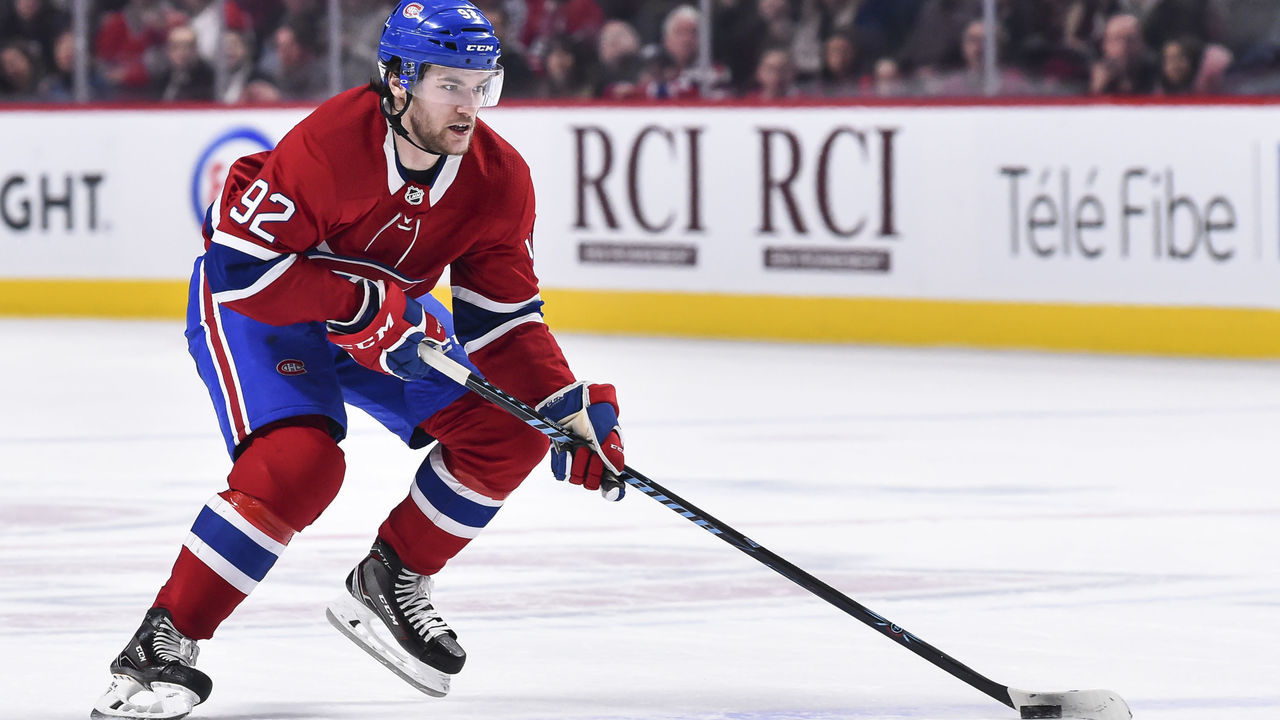MONTREAL, QC - FEBRUARY 10: Jonathan Drouin #92 of the Montreal Canadiens skates the puck against the Nashville Predators during the NHL game at the Bell Centre on February 10, 2018 in Montreal, Quebec, Canada. The Nashville Predators defeated the Montreal Canadiens 3-2 in a shootout.