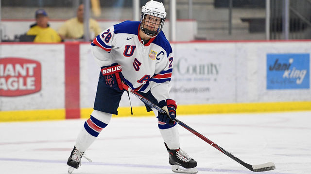 CRANBERRY TOWNSHIP, PA - SEPTEMBER 30: Joel Farabee #28 of Team USA handles the puck in the third period during the game against the Omaha Lancers on Day 3 of the USHL Fall Classic at UPMC Lemieux Sports Complex on September 30, 2017 in Cranberry Township, Pennsylvania.