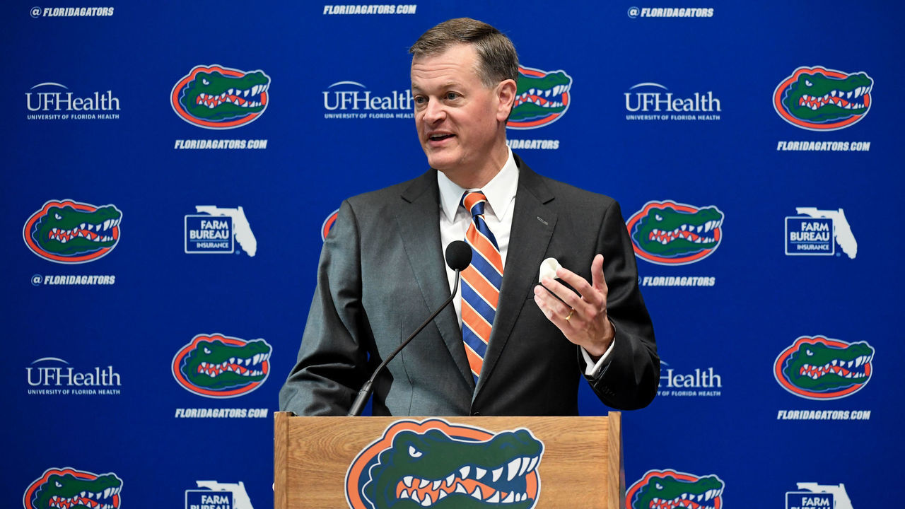 GAINESVILLE, FL - NOVEMBER 27: Florida Gators athletic director Scott Stricklin speaks during an introductory press conference for new football head coach Dan Mullen at the Bill Heavener football complex on November 27, 2017 in Gainesville, Florida.