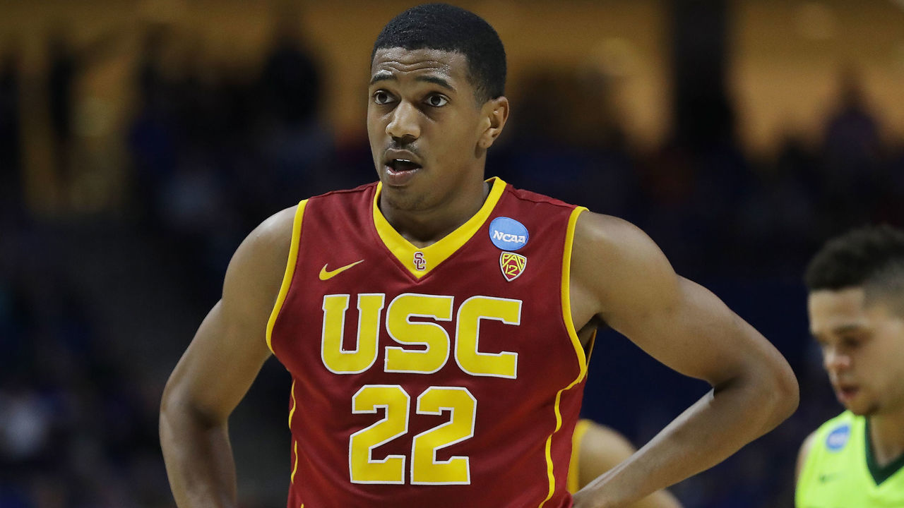 TULSA, OK - MARCH 19: De'Anthony Melton #22 of the USC Trojans reacts against the Baylor Bears during the second round of the 2017 NCAA Men's Basketball Tournament at BOK Center on March 19, 2017 in Tulsa, Oklahoma.
