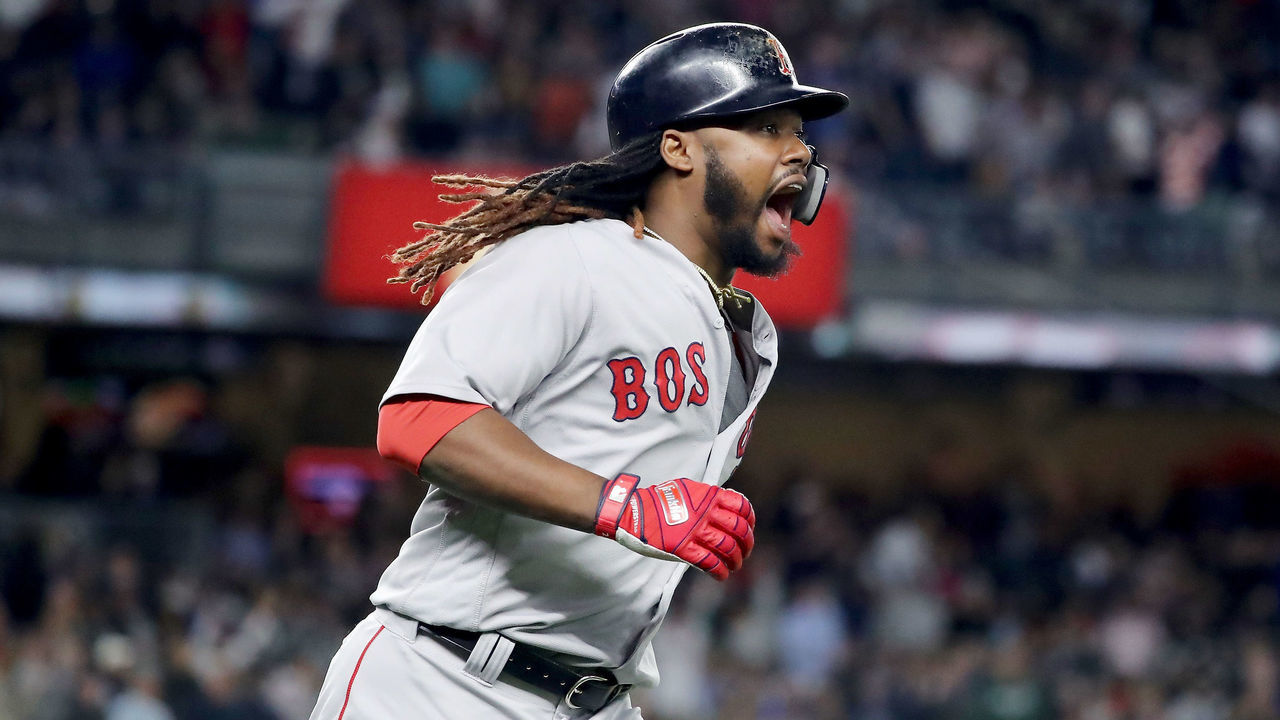 NEW YORK, NY - MAY 09: Hanley Ramirez #13 of the Boston Red Sox reacts to his two run home run in the seventh inning against the New York Yankees at Yankee Stadium on May 9, 2018 in the Bronx borough of New York City.