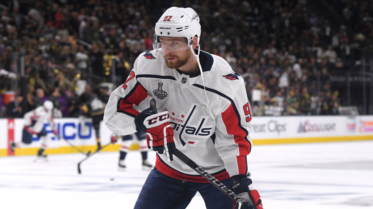 LAS VEGAS, NV - MAY 28: Evgeny Kuznetsov #92 of the Washington Capitals skates in warm-ups prior to the game against the Vegas Golden Knights in Game One of the 2018 NHL Stanley Cup Final at T-Mobile Arena on May 28, 2018 in Las Vegas, Nevada.