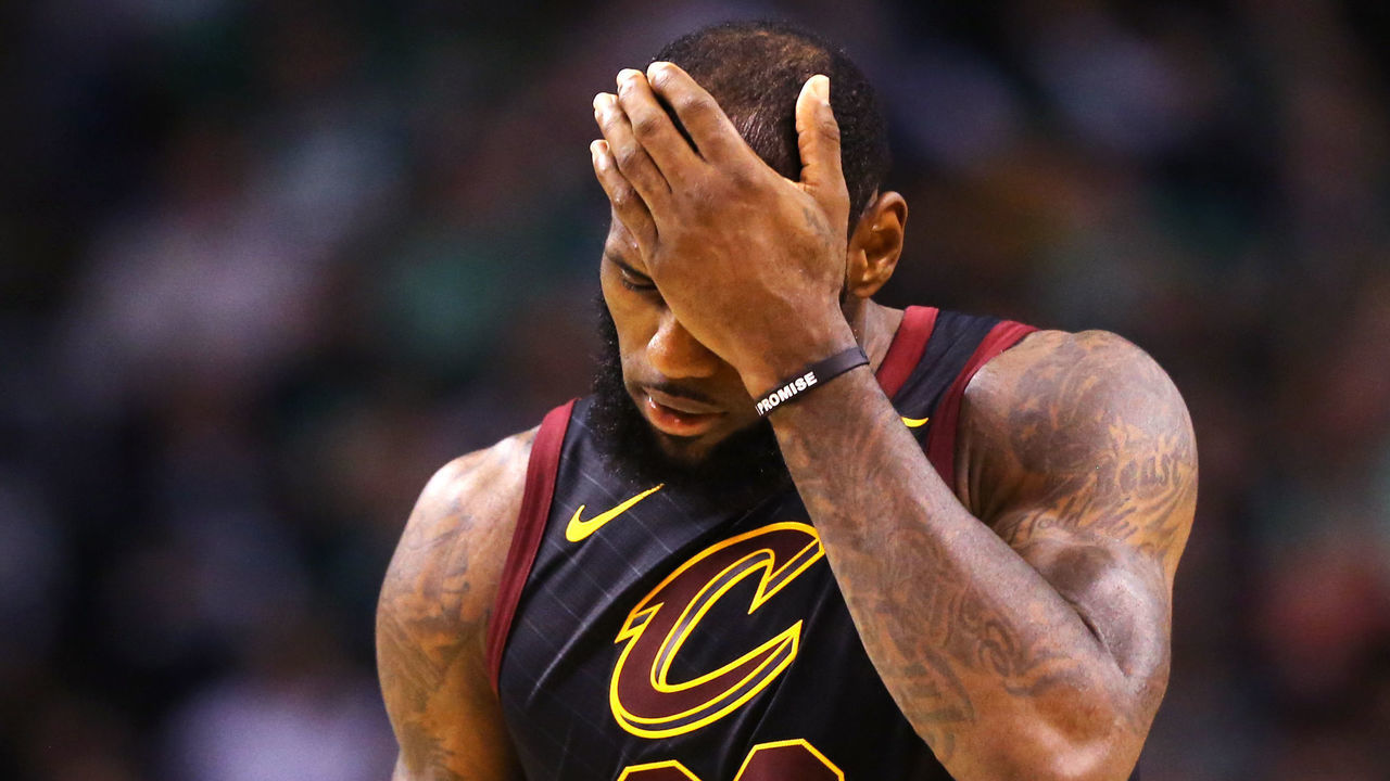BOSTON, MA - MAY 27: LeBron James #23 of the Cleveland Cavaliers looks on during Game Seven of the 2018 NBA Eastern Conference Finals against the Boston Celtics at TD Garden on May 27, 2018 in Boston, Massachusetts.