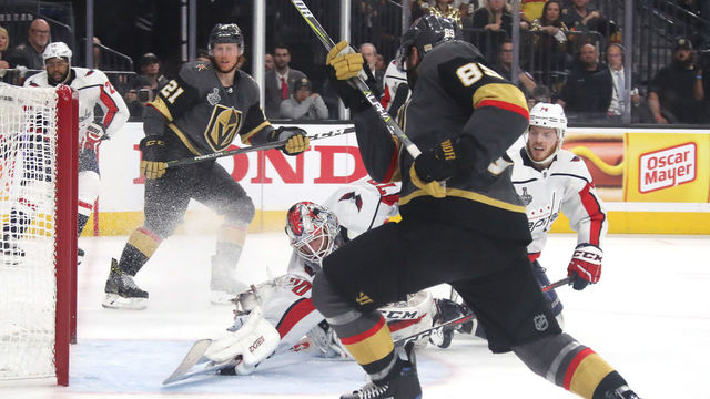 LAS VEGAS, NV - MAY 30: Braden Holtby #70 of the Washington Capitals makes a diving stick-save on Alex Tuch #89 of the Vegas Golden Knights during the third period in Game Two of the 2018 NHL Stanley Cup Final at T-Mobile Arena on May 30, 2018 in Las Vegas, Nevada.