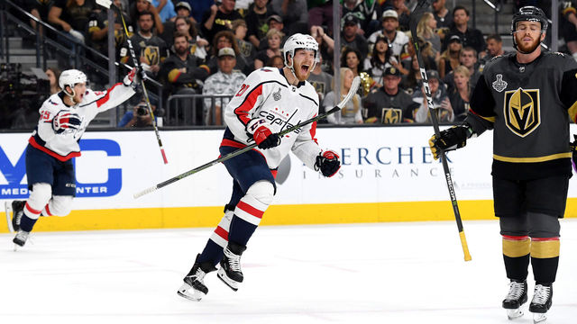 LAS VEGAS, NV - MAY 30: Lars Eller #20 of the Washington Capitals celebrates his first-period goal against the Vegas Golden Knights in Game Two of the 2018 NHL Stanley Cup Final at T-Mobile Arena on May 30, 2018 in Las Vegas, Nevada.