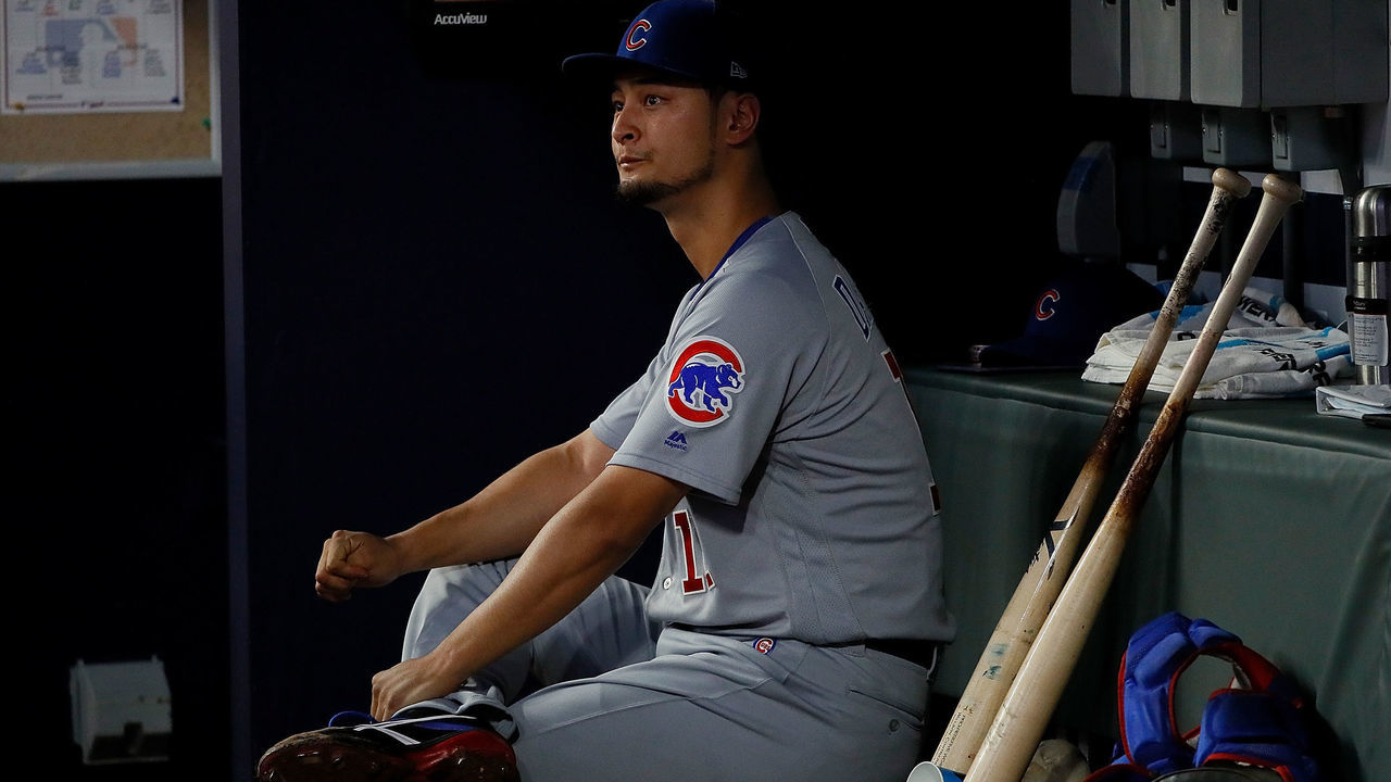 ATLANTA, GA - MAY 15: Yu Darvish #11 of the Chicago Cubs sits in the dugout during the fourth inning against the Atlanta Braves at SunTrust Park on May 15, 2018 in Atlanta, Georgia.