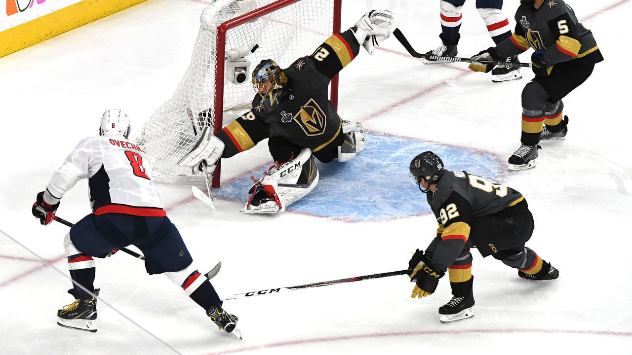 LAS VEGAS, NV - MAY 30: Alex Ovechkin #8 of the Washington Capitals scores a second-period goal past Marc-Andre Fleury #29 of the Vegas Golden Knights in Game Two of the 2018 NHL Stanley Cup Final at T-Mobile Arena on May 30, 2018 in Las Vegas, Nevada.