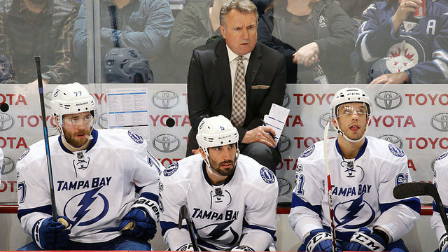 WINNIPEG, MB - FEBRUARY 11: Assistant Coach Rick Bowness of the Tampa Bay Lightning looks on from the bench during third period action against the Winnipeg Jets at the MTS Centre on February 11, 2017 in Winnipeg, Manitoba, Canada. Bowness holds the current record for games coached behind the bench at 2,166 games.