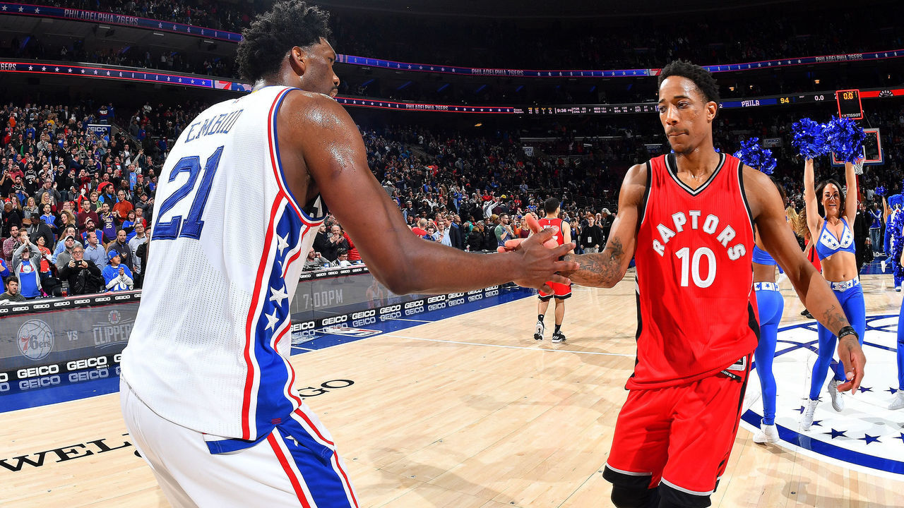 PHILADELPHIA, PA - JANUARY 18: Joel Embiid #21 of the Philadelphia 76ers shakes hands with DeMar DeRozan #10 of the Toronto Raptors after the game on January 18, 2017 at Wells Fargo Center in Philadelphia, Pennsylvania. Mandatory Copyright Notice: Copyright 2017 NBAE