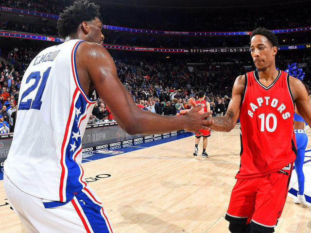 PHILADELPHIA, PA - JANUARY 18: Joel Embiid #21 of the Philadelphia 76ers shakes hands with DeMar DeRozan #10 of the Toronto Raptors after the game on January 18, 2017 at Wells Fargo Center in Philadelphia, Pennsylvania. Mandatory Copyright Notice: Copyright 2017 NBAE