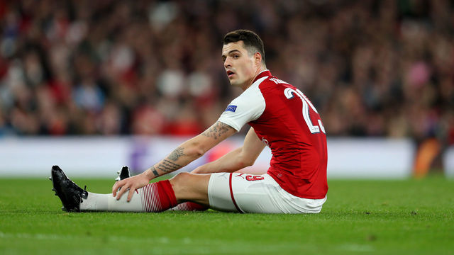 LONDON, ENGLAND - APRIL 05: Granit Xhaka of Arsenal during the UEFA Europa League quarter final leg one match between Arsenal FC and CSKA Moskva at Emirates Stadium on April 5, 2018 in London, United Kingdom.