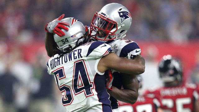 HOUSTON, TX - FEBRUARY 05: Dont'a Hightower #54 of the New England Patriots celebrates with Devin McCourty #32 after forcing a fumble from Matt Ryan #2 of the Atlanta Falcons during the fourth quarter of Super Bowl 51 at NRG Stadium on February 5, 2017 in Houston, Texas.